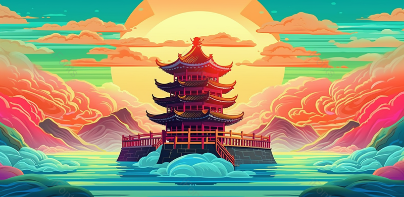 日出日落太阳背景祥云环绕国潮山水中式古风建筑插画,插画/手绘图,插画/手绘图库,插画/手绘图下载,插画/手绘